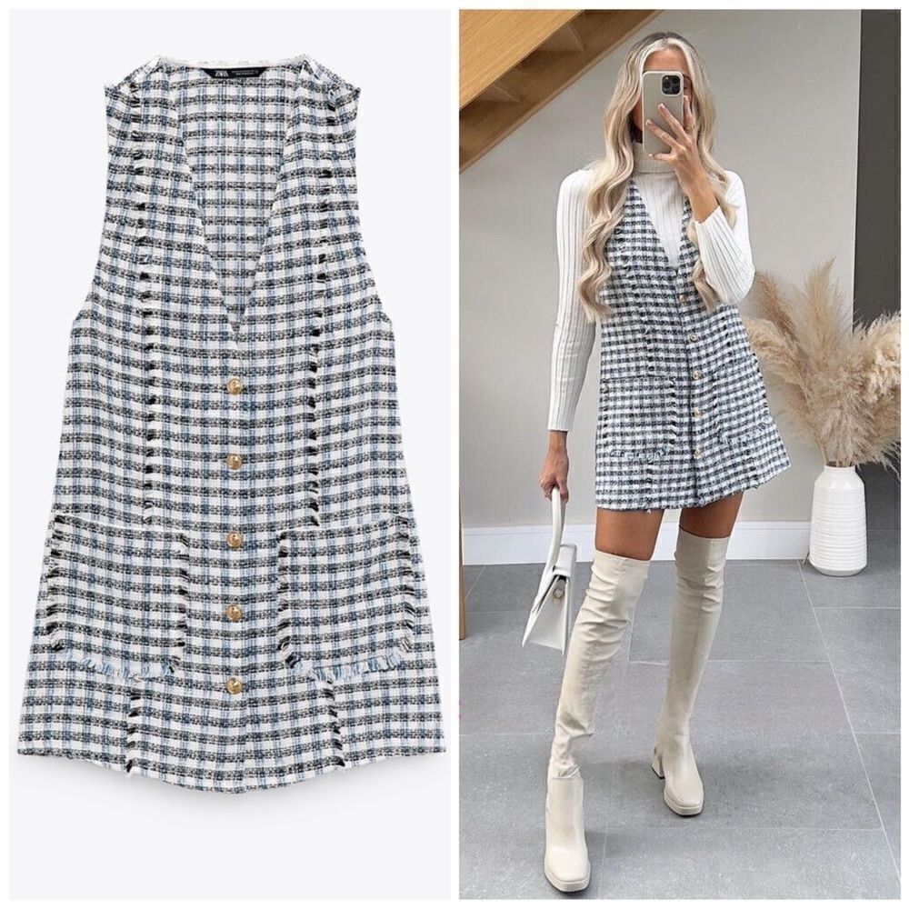Zara Textured Pinafore Dress Patch Pockets New
